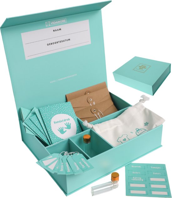 Baby Memory Box - Kraamcadeau Jongen en Meisje - Herinneringsdoos, Babyshower Cadeau - Unisex Geschenkset Mint Groen