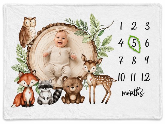 Baby Mijlpaal Deken 100x150 cm – Milestone Deken Baby met Blad Marker – Woodland Dieren – Fleece Fotodeken – Groei Deken 1 t/m 12 Maanden – Kraamcadeau