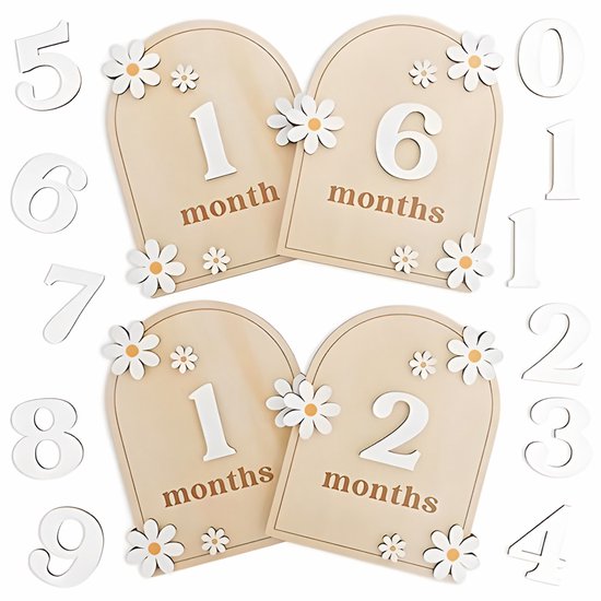 Baby Mijlpaalborden - 1 tot 12 maanden - Houten borden - Thema bloemen & neutraal - Maandkaarten van Merkloos