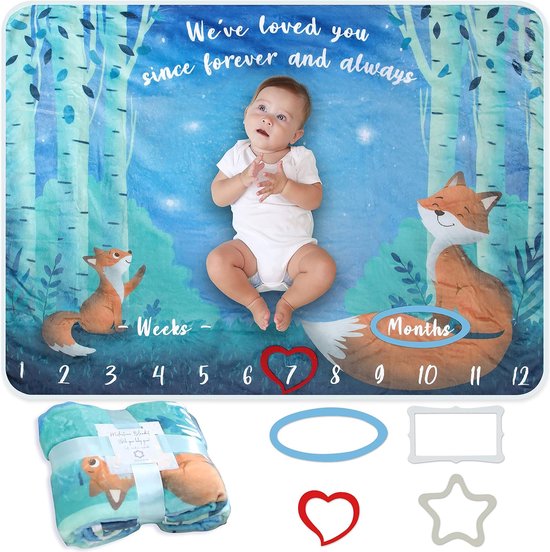 Baby Mijlpaaldeken | Perfect Kraamcadeau | Milestone Deken | Voor Jongen of Meisje, Unisex | Bossen en Dieren Thema | Zacht, Dik en Comfortabel | Maandelijkse Fotoherinnering | Inclusief Frames van Clevamama