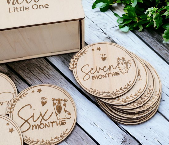 Baby mijlpaalschijven met dieren in hout - Set van 13 - Zwangerschap - Babyshower - Cadeau - Zwanger - Kraamcadeaus - Baby - Geboorte - Origineel - Baby cadeau - Kraamcadeau jongen of meisje - Foto aankondiging geboorte - Kraampakket van Merkloos