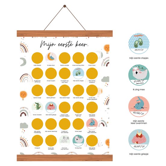 Baby Mijlpalen Krasposter - Leg Alle Ontwikkelingen Vast - Kraamcadeau Cadeau Meisje en Jongen - Babyshower - Met Houten Posterhanger van Perfect Earth