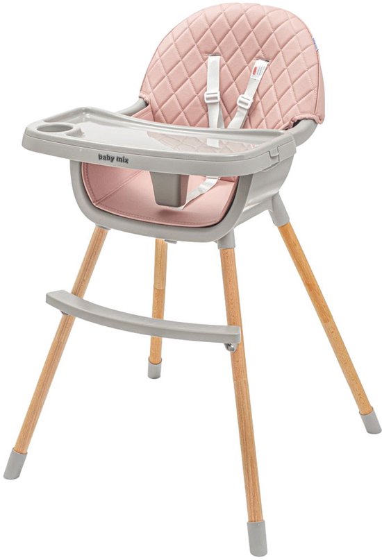 Baby Mix - Kinderstoel - Houten Eetstoel - Roze Gewatteerde Zitting - Met Afneembaar Dienblad en Bekerhouder - Scandinavisch Design - Veiligheidsriem - Comfortabel - Voor Eetkamer - Peuters van Baby Mix