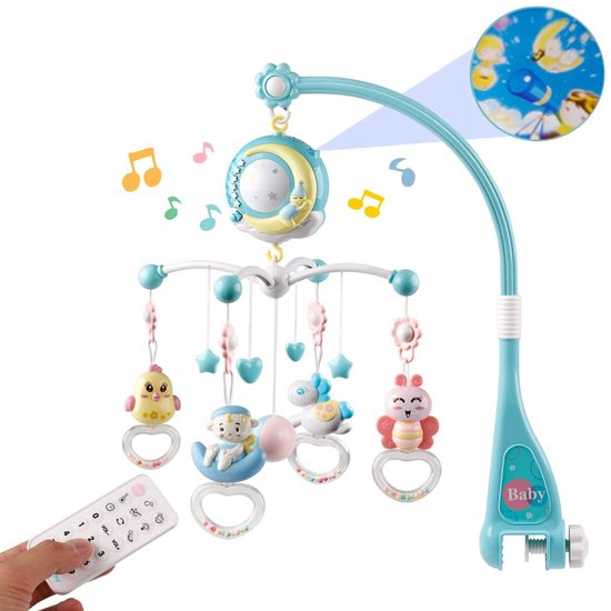 Baby Mobiel met Muziek en Licht - Projector en Licht - Timerfunctie - Afstandsbediening - Inclusief Muziekdoosje en Rammelaars - Cadeau voor Pasgeboren Baby's (jongens en meisjes) van Merkloos