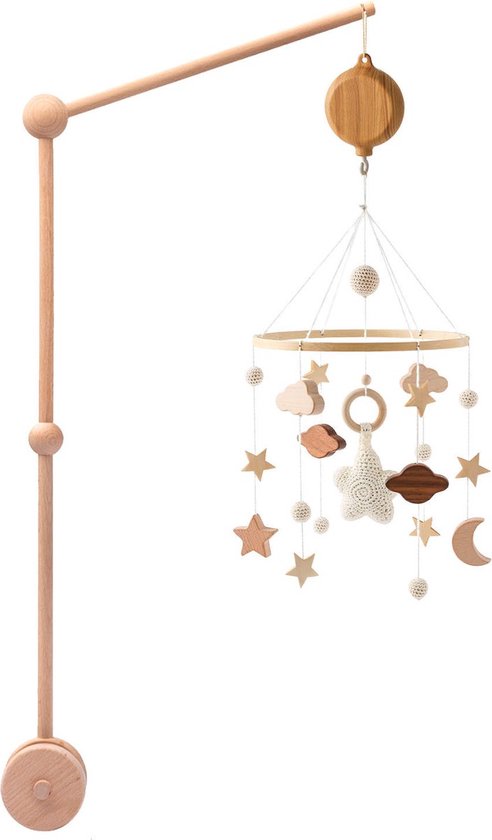 Baby Mobiel Sterren met Houten Mobiel Houder en Muziekbox - Boxmobiel - Babyshower Cadeau - Baby Mobiel - Wieg Mobiel - Kraamcadeau van Merkloos