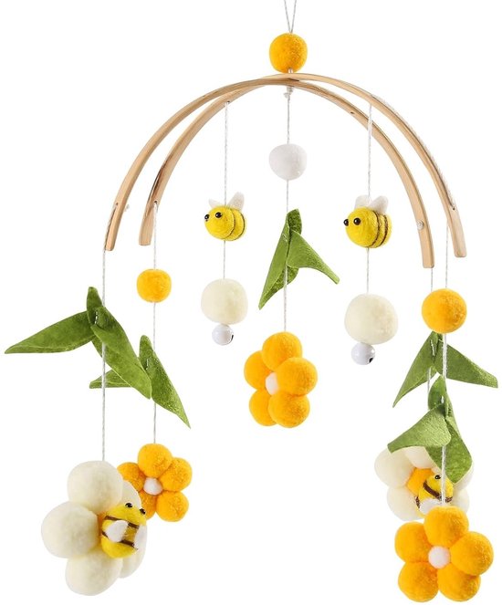 Baby Mobile: Houten + Garenballen, Bloemen en Bijen, Windgong Rammelaar, Commode, Kraamcadeau (Bij) van Merkloos