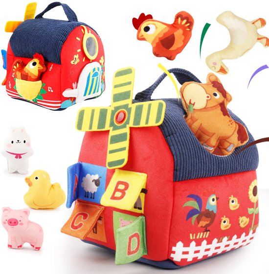 Baby Montessori sensorisch speelgoed - Boerderijset, met pluche boerderijdieren, rammelaars en knisperend speelgoed - Draagbaar leerzaam cadeau, geschikt voor baby's van 6 maanden en peuters van 1-3 jaar