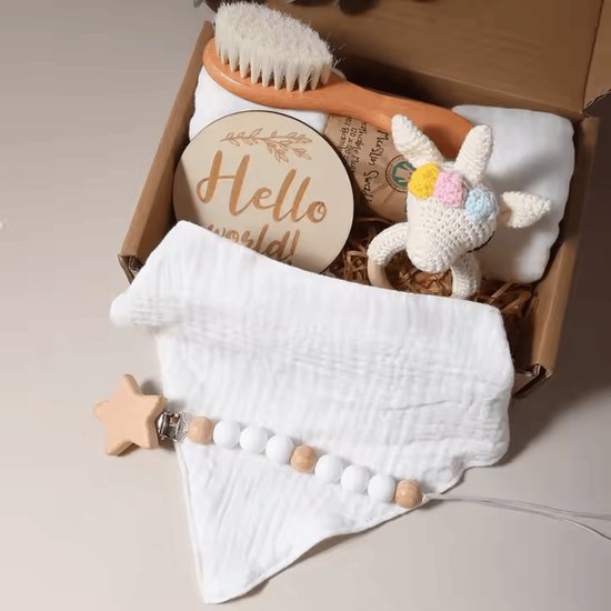 Baby Muslin Cotton Blanket Teething Baby Bib Rattle Milestone Wooden Toy Baby shower Gift Set for Newborn handmade crochet WIT van WIT