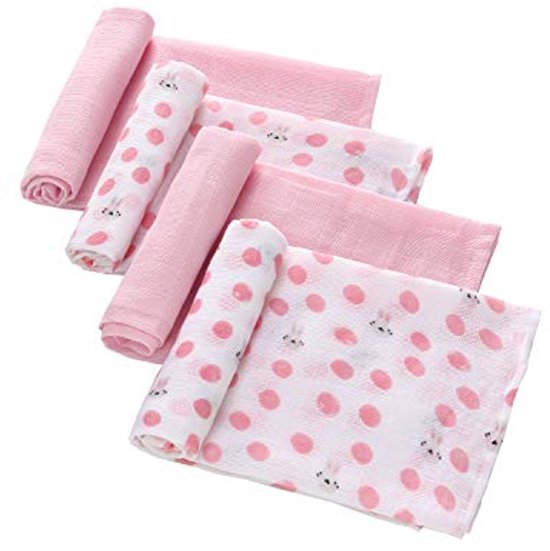 Baby Muslin Doeken 70 x 70 cm - 4 Stuks - Zwangerschapsdoeken - 100% Katoen - Zacht en Ademend voor Pasgeborenen - Roze met Konijn van Merkloos