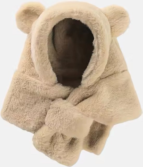 baby muts en sjaal in één - teddy - beer - beige - muts - sjaal - baby van Doodlezzz