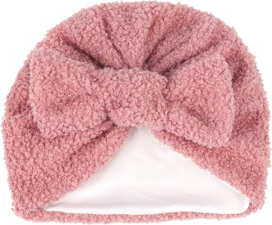 baby muts groen - teddy - meisje - strik - kraamcadeau - winter - muts - turban van Merkloos