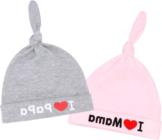 Baby mutsjes - Mama Papa - Baby outfit - Zachte katoenmix - 0-3 maanden - Grijs en roze