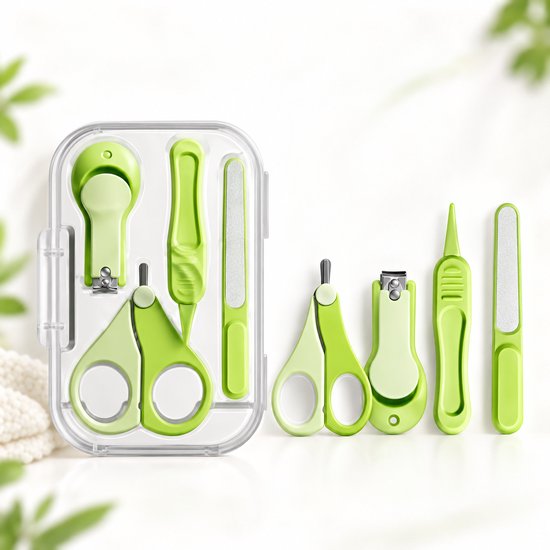 Baby Nagelverzorgingsset - 4-in-1 - Afgeronde Babyschaar - Nagelknipper, Pincet & Vijl - Opbergbox - Groen