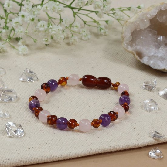 Baby Natura - Barnsteen Armband - Baby/peuter - Amethist - Rozenkwarts - 14 cm