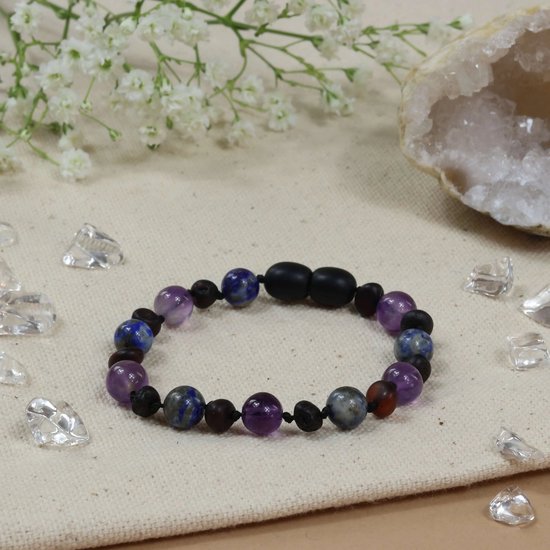 Baby Natura - Barnsteen Armband - Baby/peuter - Cherry - Lapis Lazuli - Amethist - 14 cm