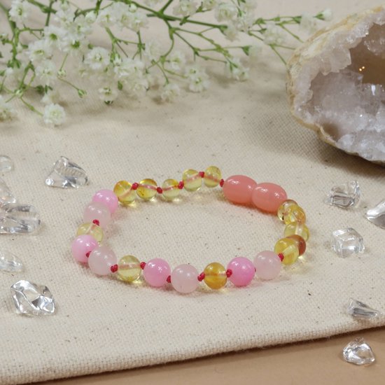 Baby Natura - Barnsteen armband - Baby/peuter - Lemon, rose quartz, pink jade - 14 cm van Merkloos