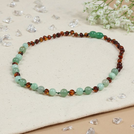 Baby Natura - Barnsteen Ketting - Kind - Cognac - Green Jade - 36 cm