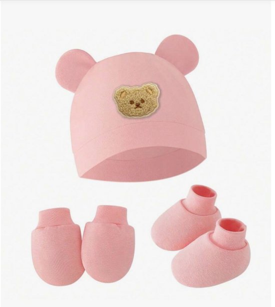Baby Newborn Geschenkset - Mutsje met Wantjes en Slofjes – Roze - Newborn Set – Zacht & Comfortabel – Babyshower Gift / Newborn Cadeau van Merkloos