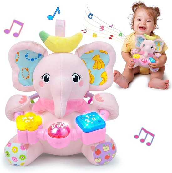 Baby olifant knuffel - Zachte pluche - Vroeg leren - Licht en geluid - 15 cm - Roze van Merkloos