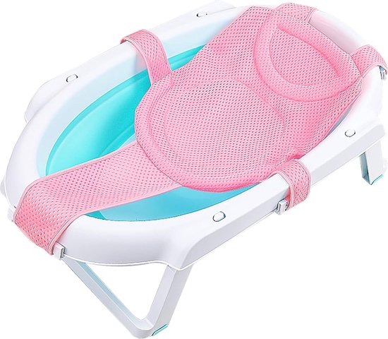 Baby opvouwbaar badzitje steunnet badkuip net antislip badnet kruisvormig badaccessoire, babybadkussen voor pasgeborenen peuters 0-24 maanden (roze) van ADOBEWAN