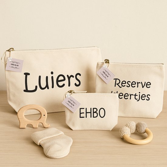 Baby Organizer Set - Gifts by M - Luiers - Reserve Kleertjes - EHBO - Set van Organizers - Naturel - Luiertas - Bewaaretui - Etui - Katoen - Baby van Merkloos