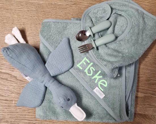 Baby Pakket met bestek met geborduurde naam-cadeau geboorte-Kraamcadeau gepersonaliseerd