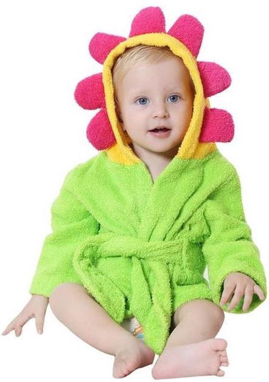 Baby / Peuter Badjas Bloeiend bloemetje - 0-12 maanden (0-1 jaar) - ochtendjas - katoen - snel drogend - met capuchon - kraamcadeau - dierenbadjas - sinterklaas - flower - bloem - meisjes en jongens - rood groen van Simply for kids