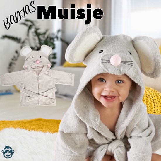Baby / Peuter Badjas Lief Muisje | 0-12 maanden (0-1 jaar) | ochtendjas | katoen | snel drogend | met capuchon | kraamcadeau | dierenbadjas | sinterklaas | mouse muis | dier | meisjes en jongens | grijs