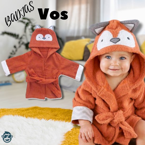 Baby / Peuter Badjas Vrolijke Vos - 0-12 maanden (0-1 jaar) - ochtendjas - katoen - snel drogend - met capuchon - kraamcadeau - dierenbadjas - sinterklaas - fox - dier - meisjes en jongens - bruin