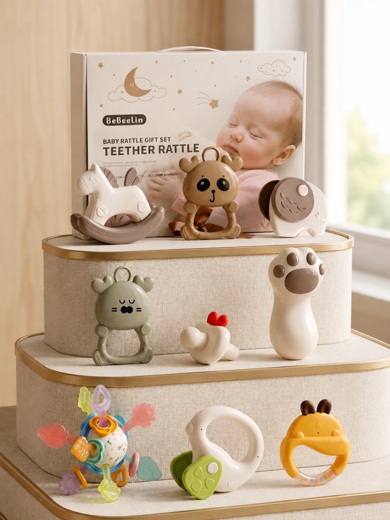 Baby Rammelaar Cadeauset 10-delig - Bijtring Baby - Babyspeelgoed 0+ Maanden - Kraamcadeau - Sensorisch Speelgoed met Knuffel, Rammelaars & Bijtspeeltjes