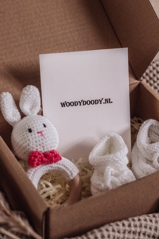 Baby Rammelaar Konijn met Hand Gebreid Zachte Schoentjes Geschenkset met Geboortekaart Baby - Kraamcadeau Unisex Jongen Meisje - Baby Cadeau - Geboorte Cadeau - Babyshower - Baby Geschenkset - Kraamcadeau - Kraampakket