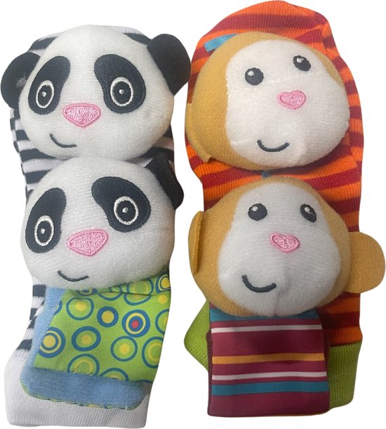 Baby Rammelaar Sokjes en Rammelaar Armbanden - 4-delig rammelaar set - Panda en Aap - KELERINO. van KELERINO