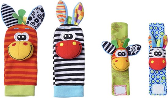Baby Rammelaar Sokken - Rammelaar Sokjes En Rammelaar Armbanden - 4-delig Rammelaar Set - Pols en Voetrammelaar - Speel en Voetzoeker Sokken - Baby Sokjes - Zebra en Giraffe - Pluche Knuffels - Baby Speelgoed - Kraam Cadeau - 0 t/m 24 maanden van Merkloos