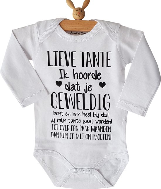 Baby rompertje met tekst - Lieve Tante Ik hoorde dat je geweldig bent en ben heel blij dat jij mijn tante gaat worden! ontmoeten! - lange mouw - maat 50-56 - aankondiging bekendmaking zwangerschap cadeau voor de liefste aanstaande van JollyCrew