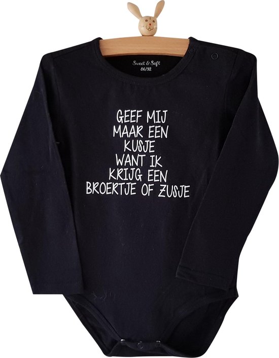 Baby rompertje unisex met tekst voor grote broer big bro brother zus big sis sister - Geef mij maar een kusje want ik krijg een broertje of zusje - Lange mouw - zwart| maat 74-80 - Zwangerschapsaankondiging zwangerschap aankondiging geboorte van Merkloos
