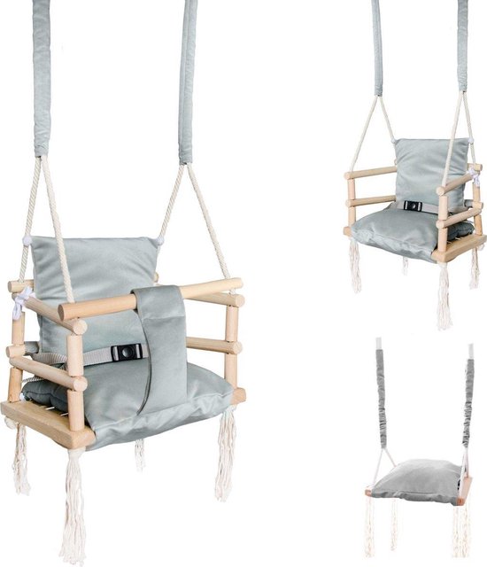 Baby Schommel Binnen - Babyschommel Babyzitje - Stof Hout - Babyschommel Binnen - kinderschommel - Schommel Baby Zitje - Schommelzitjes - Schommelstoel - Baby Swing Seat - Plafondhanger 3 in 1 - Grijs van Ayybaybloo.