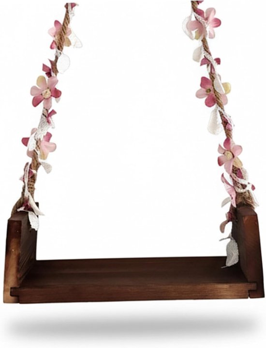 Baby Schommel - Houten Stoel - Foto Prop - Met Bloem Touw - 32 cm - Donkerrood