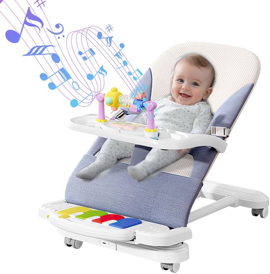 Baby schommelstoel-Comfortabele babyzitje-3 standen-Speelboog-Pianofunctie-Afneembaar dienblad-Zandblauw