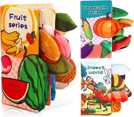 Baby Sensorische Boeken voor Baby's van 0-3 Maanden - 3-pack, zachte stoffen boeken met ritselende geluiden - Dieren, Fruit, Groenten - Hangende speeltjes, ideaal cadeau voor pasgeborenen van Merkloos
