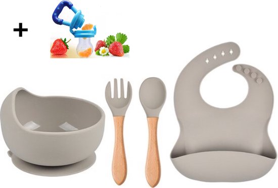 Baby Servies Set - slabber en Kom met Zuignap en bestek - Kinderservies, Babybord, Kinderbestek - 100% Siliconen - Oven-, Vriezer-, Magnetron- en Vaatwasserbestendig - Grijs + babyfruitspeen - bijtring van Eco Rascals