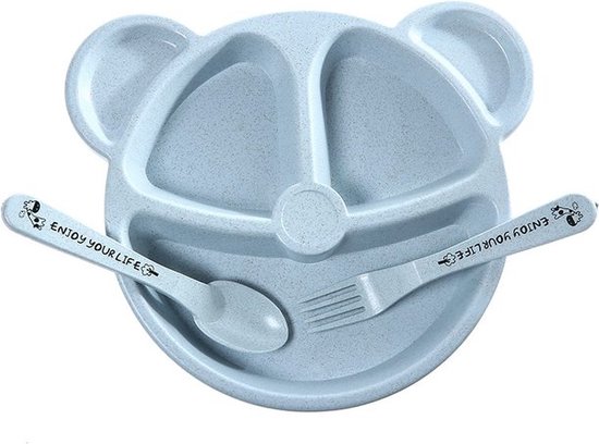 Baby Servies - Vakjesbord - Kinder Bestek - Vork - Lepel - Oefenbestek - Blauw - Tarwestro - Duurzaam van Little Champs