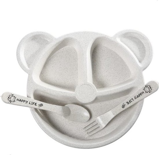 Baby Servies - Vakjesbord - Kinder Bestek - Vork - Lepel - Oefenbestek - Creme - Tarwestro - Duurzaam van Muuki & Turi