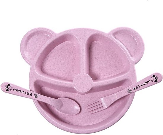 Baby Servies - Vakjesbord - Kinder Bestek - Vork - Lepel - Oefenbestek - Roze - Tarwestro - Duurzaam van Eco Rascals