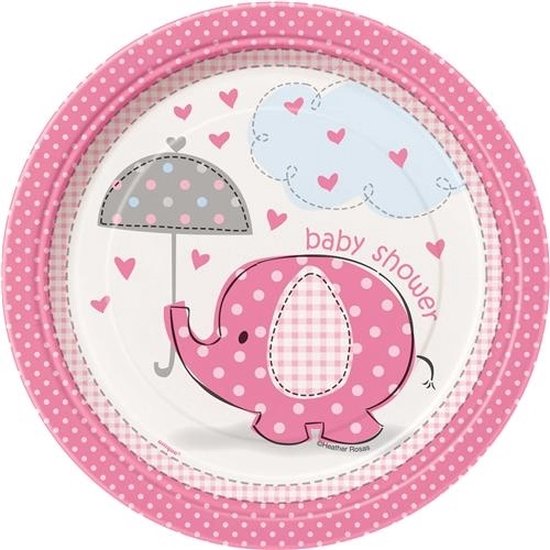Baby Shower Olifant Bord 18 cm Roze van Partydeco