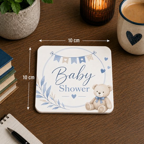 Baby Shower Onderzetter met Teddybeer – 10 x 10 cm – Blauwe Babyshowerdecoratie