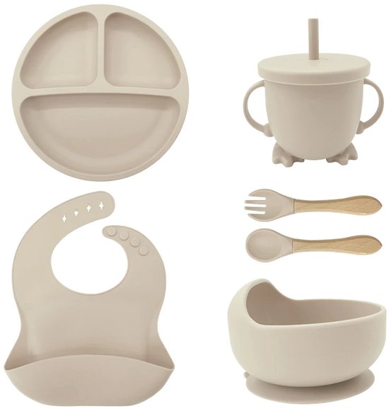 Baby Silicone Feeding Set- 6 pcs kleur Beige - Kinderservies - Baby servies - Baby eetset