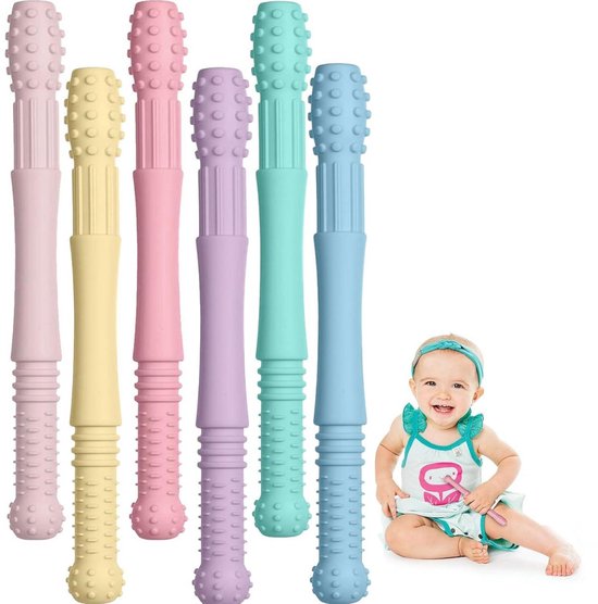 Baby siliconen bijtring - Baby tandjes hulpmiddelen - 6 stuks - Grijpspeeltjes - Baby tandjes gels - Baby tandjes tubes - Anti-tandvlees sticks - Siliconen kauwsnacks - Pijnverlichting bij doorkomende tandjes - 17x2x2cm van Merkloos