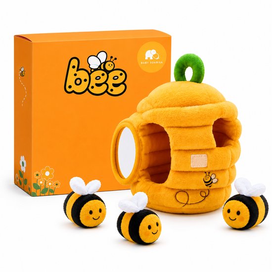Baby Sonrisa Montessori Bijenspeelgoed Baby – Sensorisch Speelgoed met Rammelaar & Knisper – Motoriek Ontwikkeling 6+ Maanden