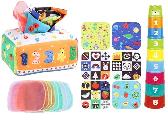 Baby Speelgoed 6-12 maanden - Montessori-speelgoed set - Montessori 'magische' zakdoekendoos & stapelbekers - Educatief sensorisch speelgoed voor baby's- Ideaal cadeau voor baby's en verjaardagen