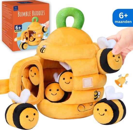 Baby Speelgoed 6-12 maanden - Sensorisch Pluche Speelgoed met Bijenkorf en 5 Bijen - Montessori Speelgoed met Dieren - Baby Cadeau met Knuffels - Educatief speelgoed - Knisperboekje Baby - Kinderspeelgoed 1-3 jaar
